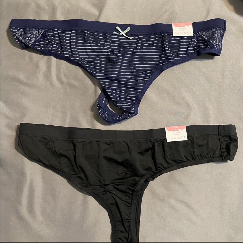 Cacique Navy Striped and Black Thong Duo